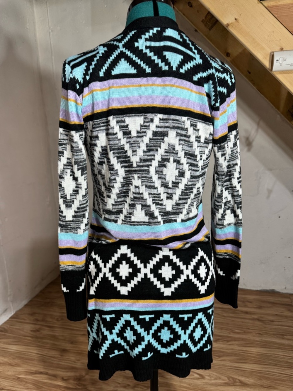 No Boundaries Patterned Open-Front Cardigan Sweater in Black, White & Pastel - Picture 3 of 11